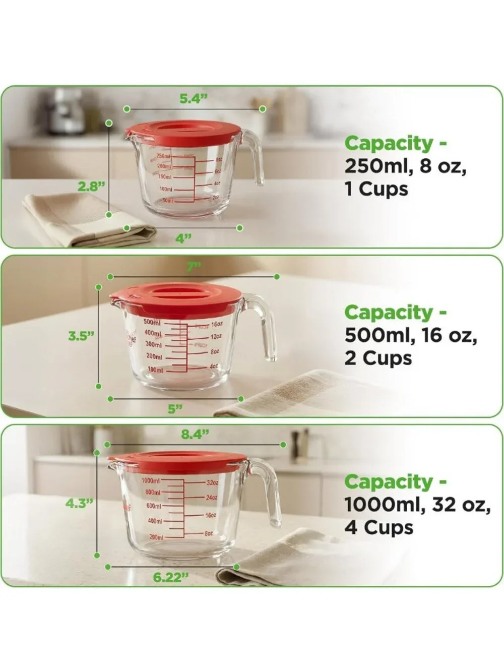 Set of 3 Heat-Resistant Glass Measuring Cups with Lids - Easy-Read Scale for